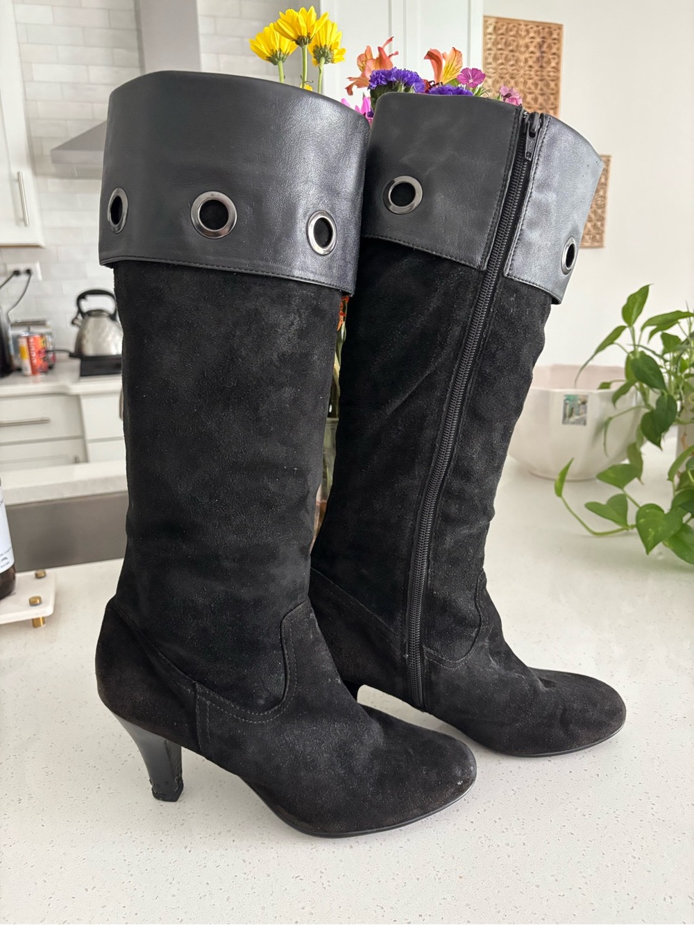 Soft brand Women's Black Suede Mid-Calf Heel Boots